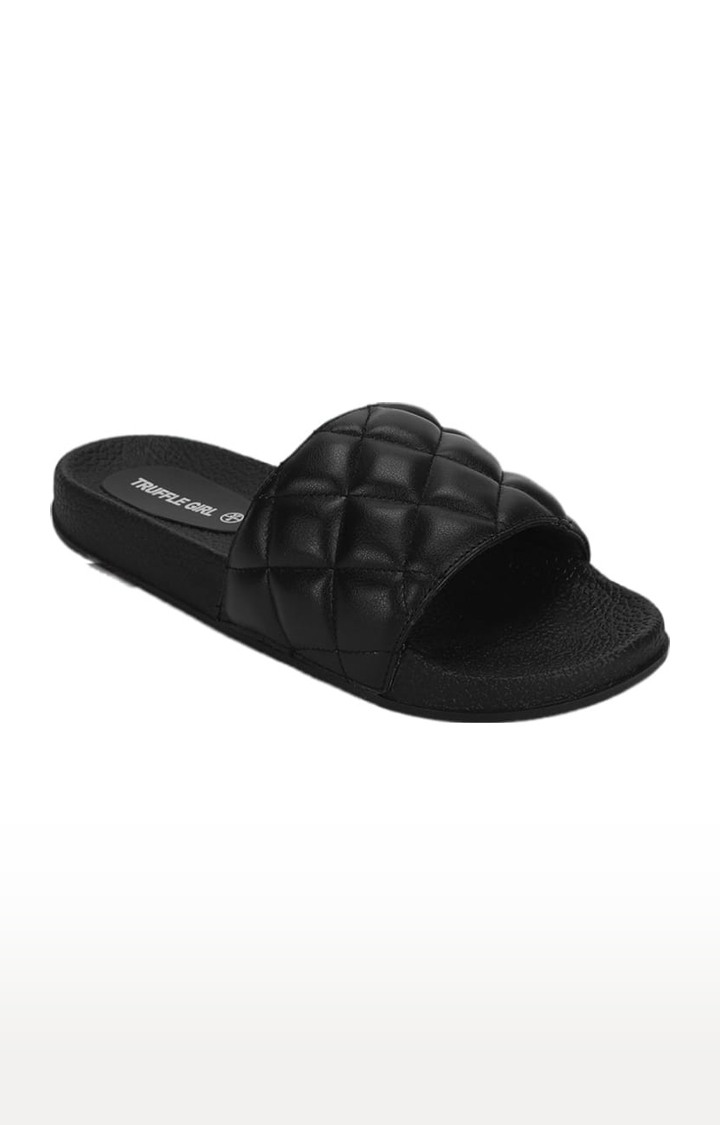 Women's Black PU Quilted Slip On Flip Flops