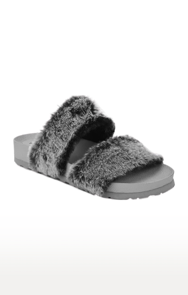 Women's Grey Fur Solid Flat Slip-ons