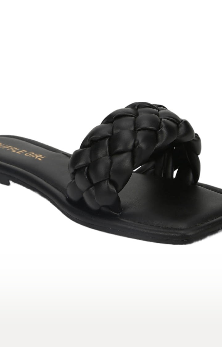 Women's Black PU Quilted Flat Slip-ons