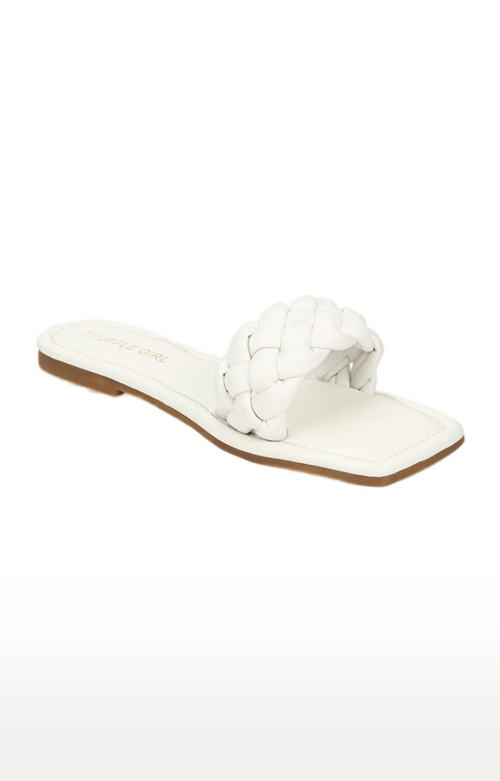 Women's White PU Quilted Flat Slip-ons