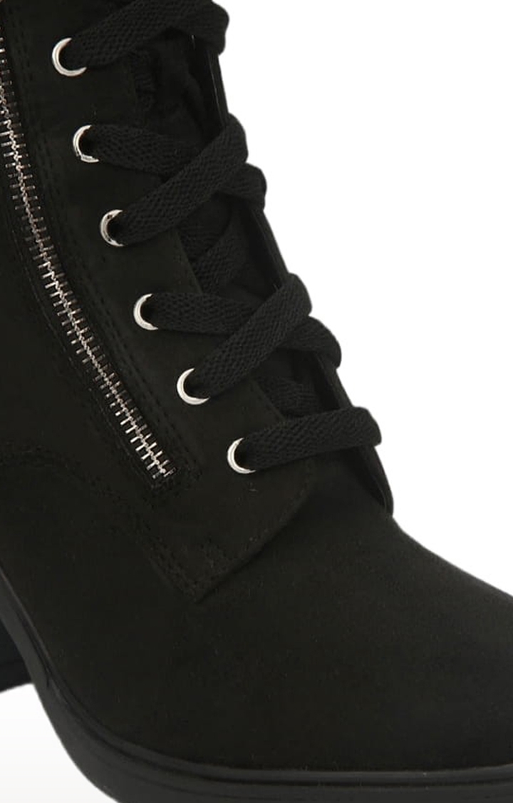 Women's Black Suede Solid Lace-Up Boot