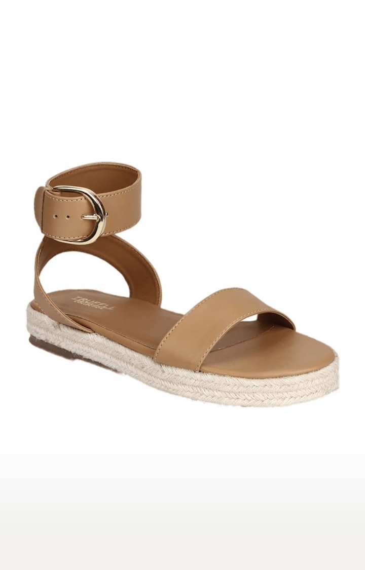Truffle Collection | Women's Beige PU Solid Buckle Sandals