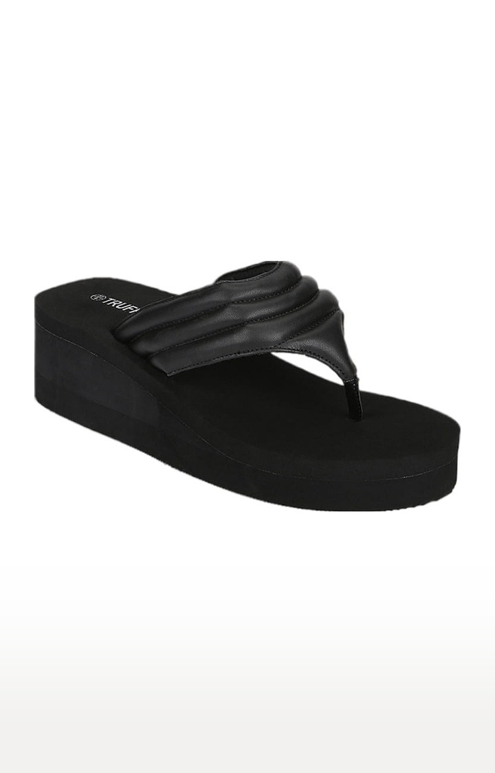 Women's Black PU Solid Slip On Wedges