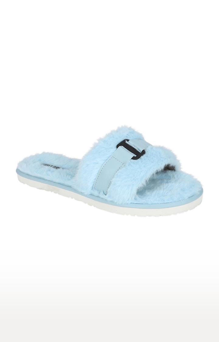 Women's Blue Fur Solid Slip On Flip Flops