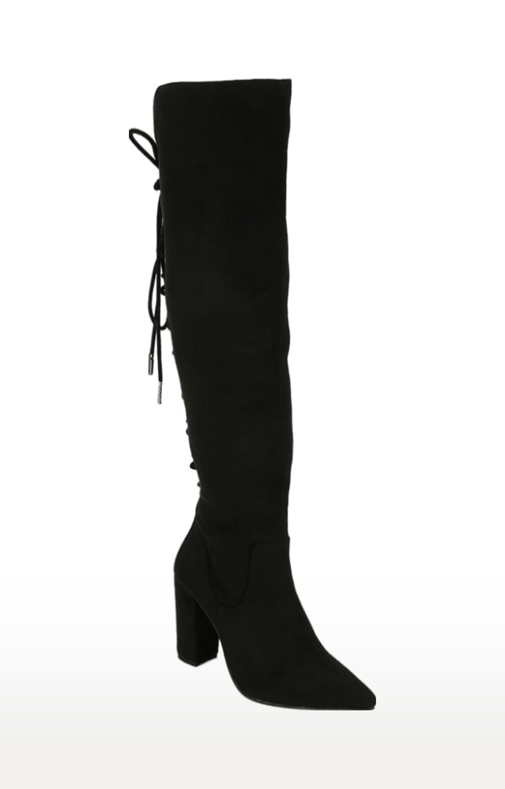 Women's Black Suede Solid Lace-Up Boot