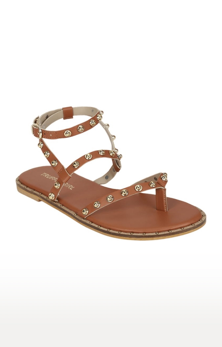 Truffle Collection | Women's Brown PU Embellished Buckle Sandals