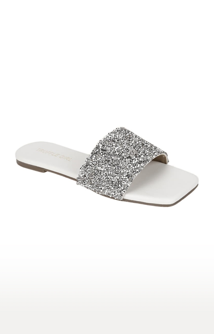 Truffle Collection | Women's White PU Embellished Flat Slip-ons