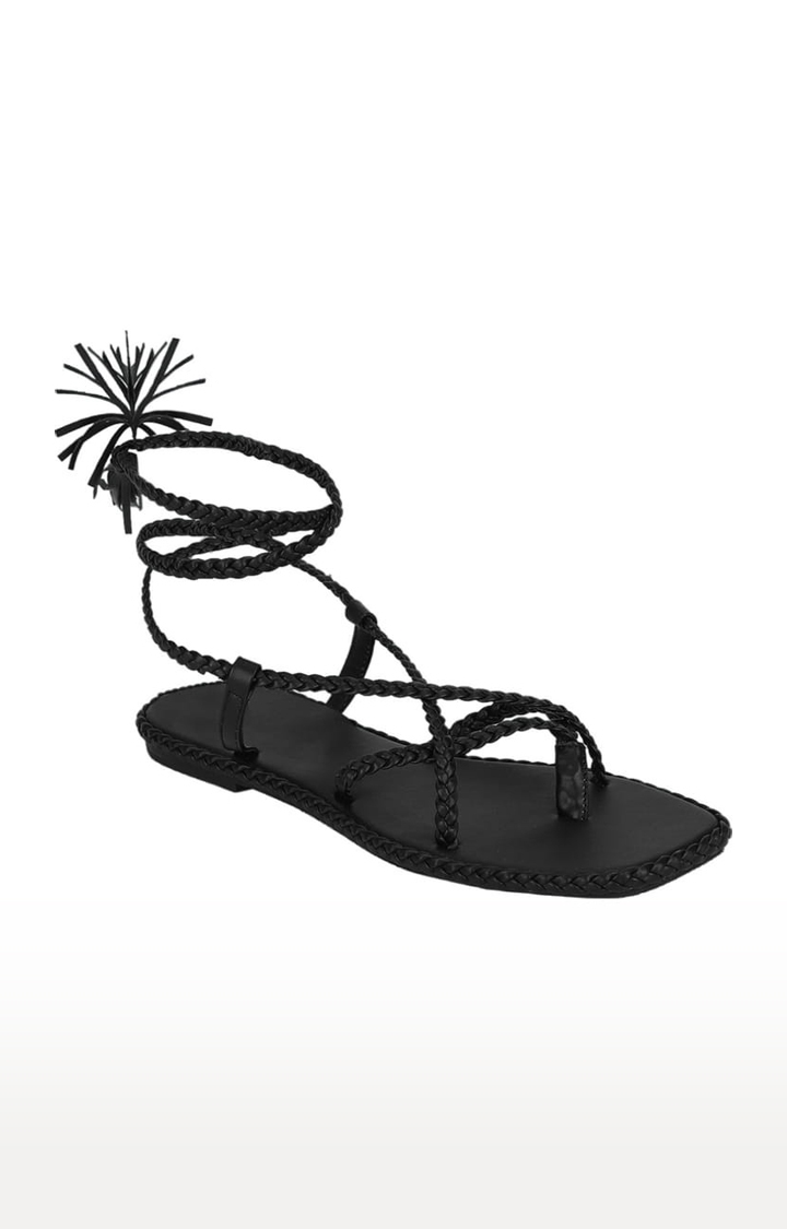 Women's Black PU Solid Drawstring Sandals