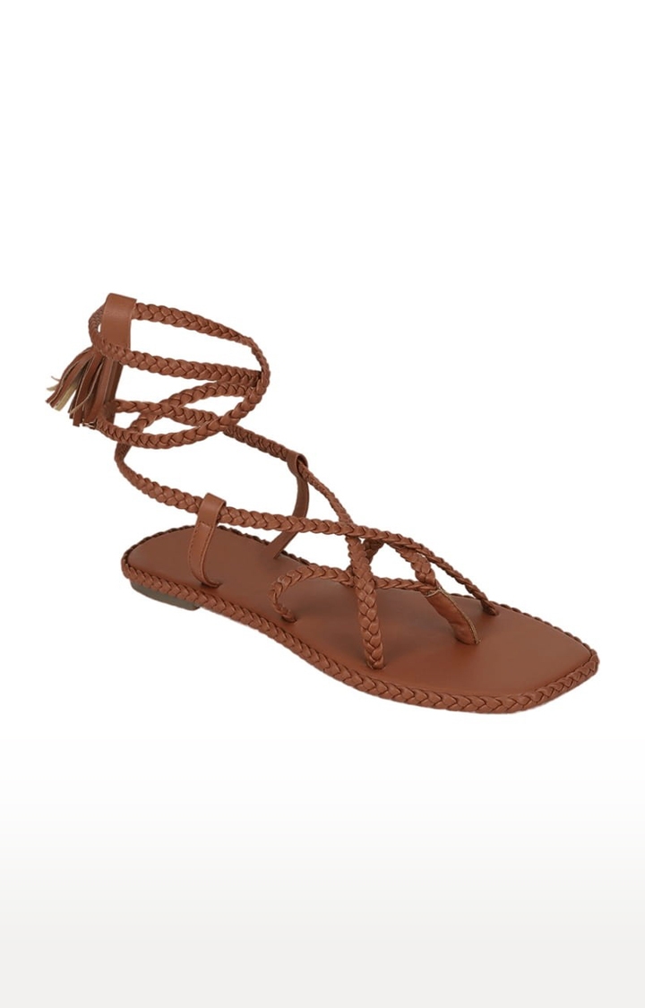 Truffle Collection | Women's Brown PU Solid Drawstring Sandals