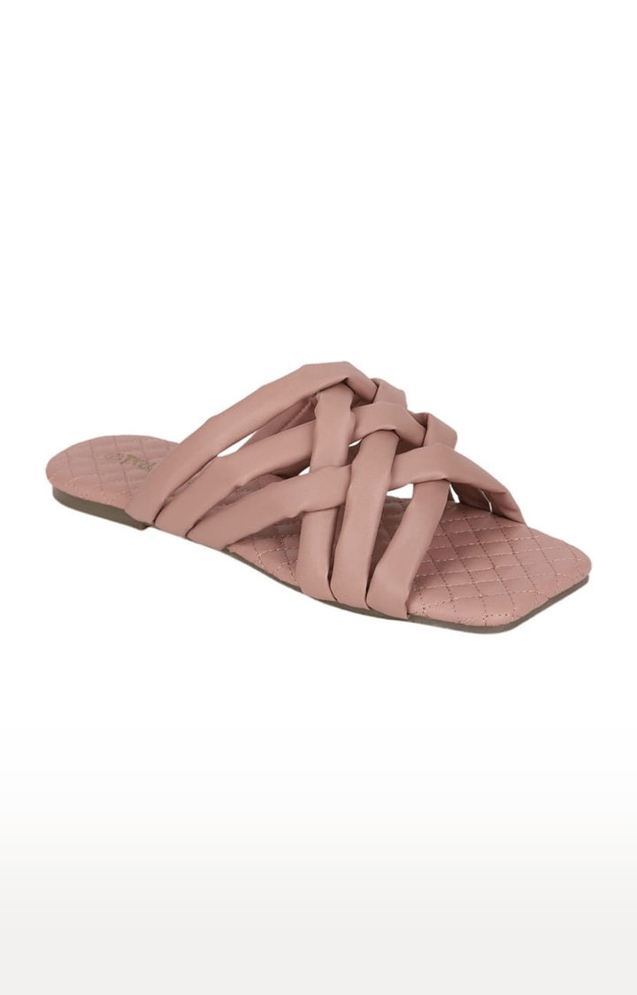 Truffle Collection | Women's Pink PU Solid Flat Slip-ons