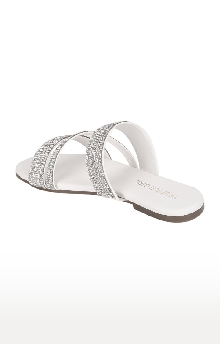 Women's White PU Embellished Flat Slip-ons