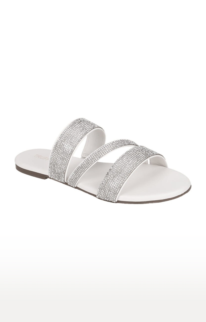 Women's White PU Embellished Flat Slip-ons
