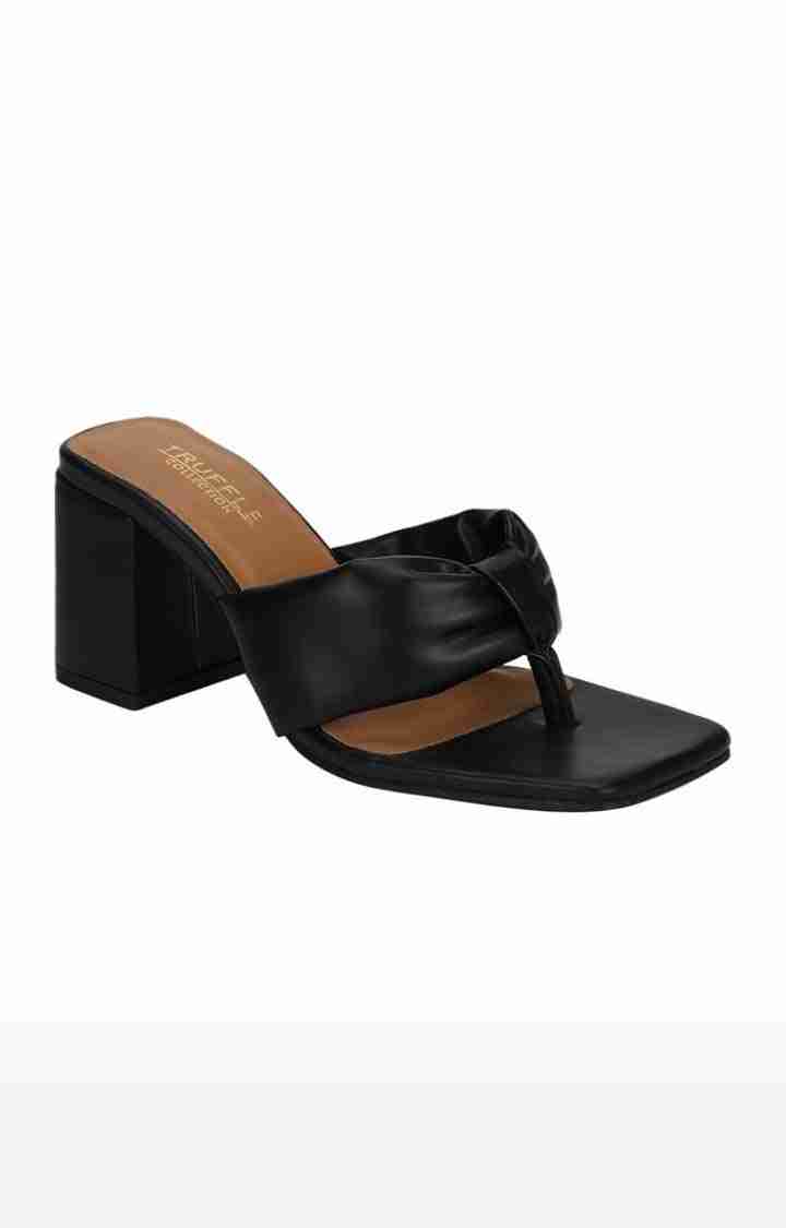 Truffle Collection | Women's Black PU Solid Slip On Block Heels
