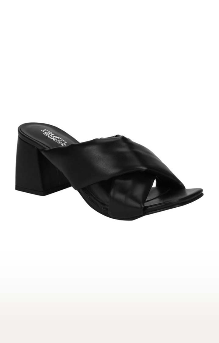 Truffle Collection | Women's Black PU Solid Slip On Block Heels