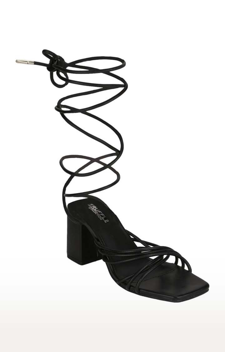 Women's Black PU Solid Drawstring Sandals