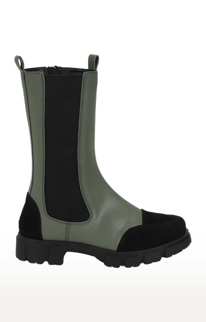 Women's Green PU Solid Zip Boot