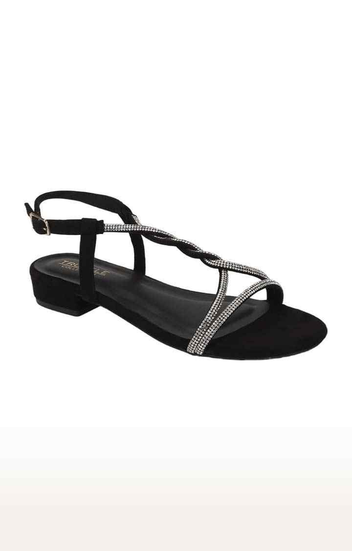 Truffle Collection | Women's Black Suede Embellished Buckle Sandals