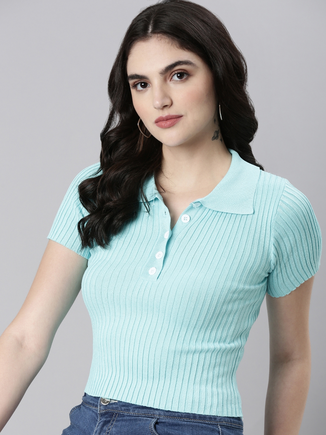 Showoff | SHOWOFF Women's Shirt Collar Solid Regular Sleeves Fitted Turquoise Blue Crop Top
