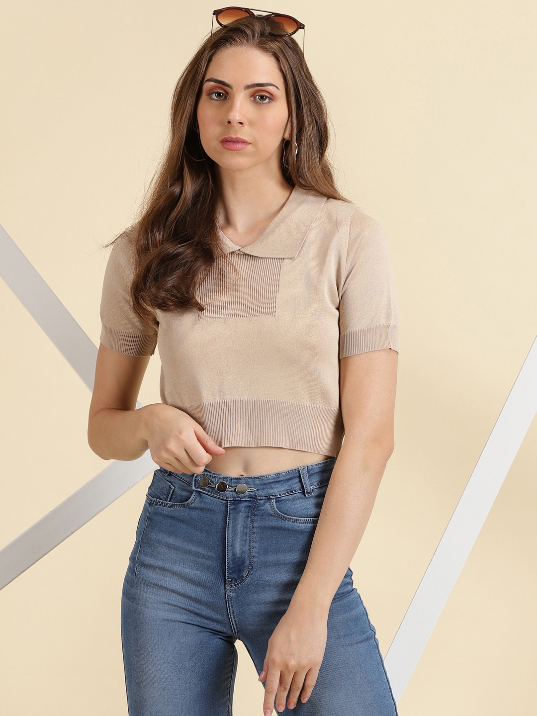 Showoff | SHOWOFF Women's Shirt Collar Solid Beige Fitted Crop Top