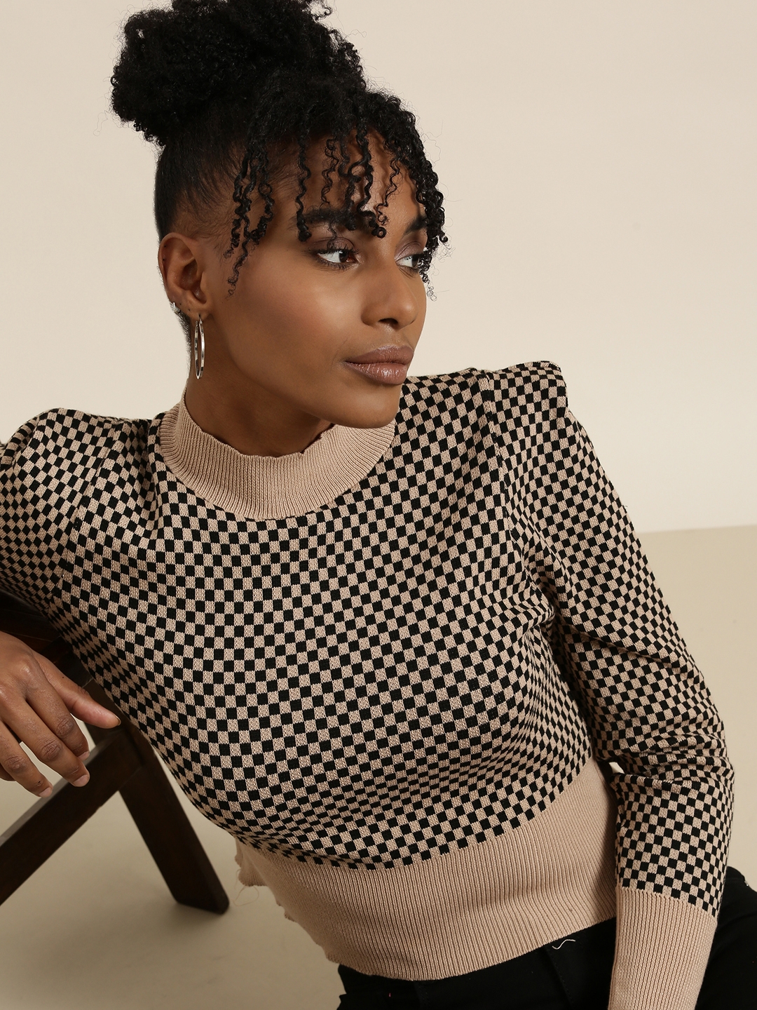 Showoff | SHOWOFF Women's High Neck Checked Puff Sleeves Taupe Crop Top