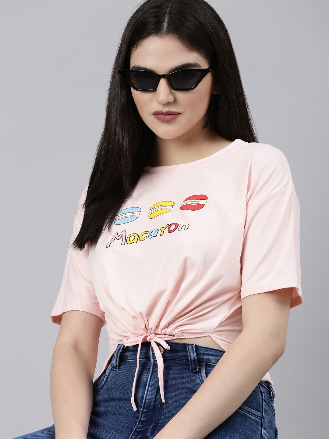 Showoff | SHOWOFF Women's Round Neck Printed Peach Cinched Waist Crop Top