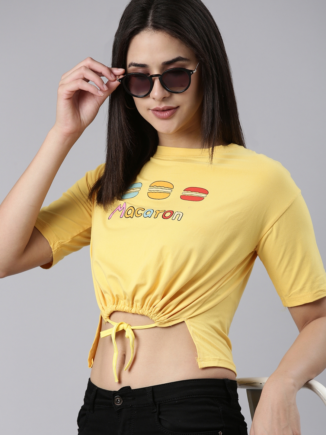 Showoff | SHOWOFF Women's Round Neck Printed Yellow Cinched Waist Crop Top