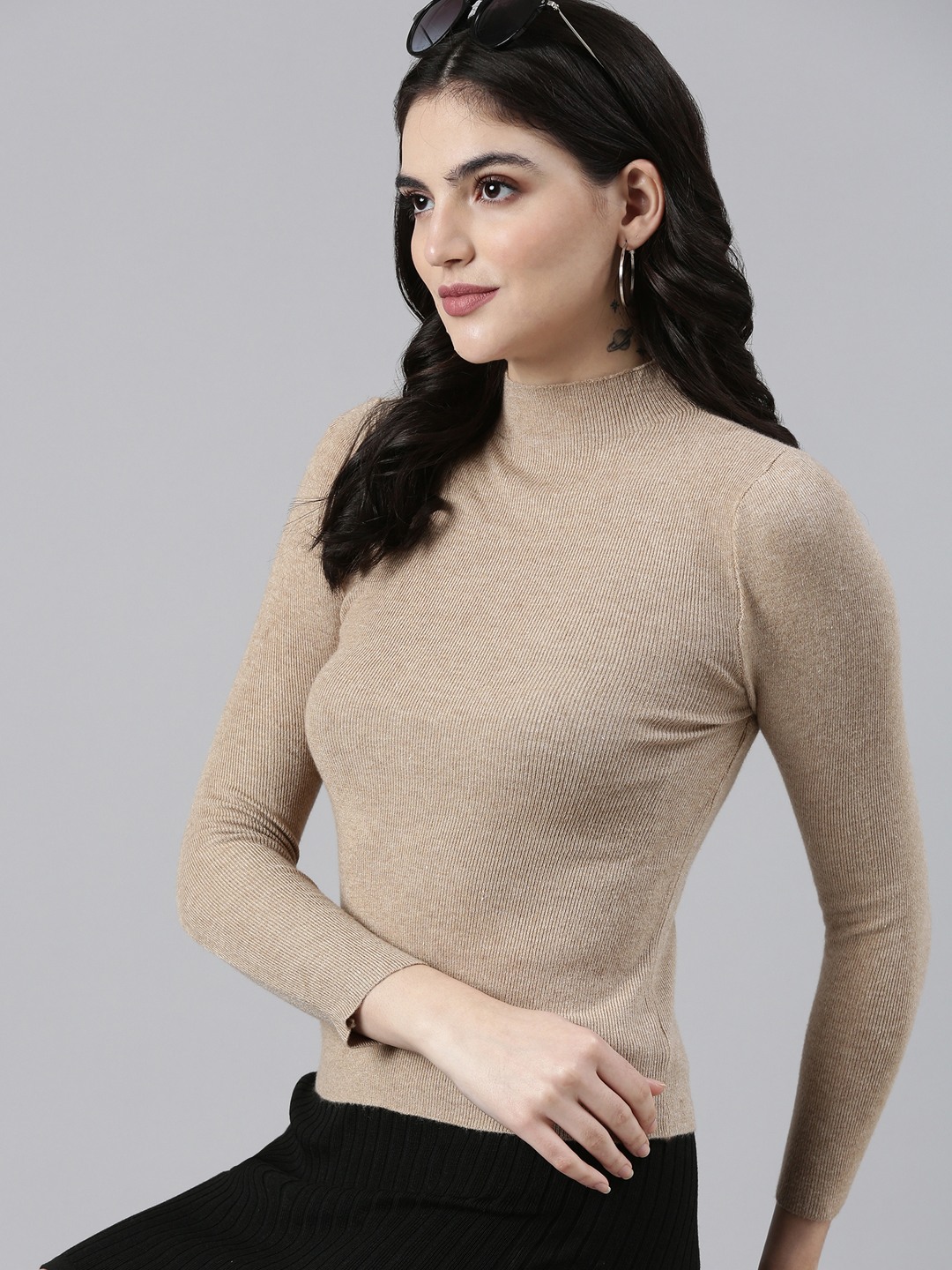 Showoff | SHOWOFF Women's High Neck Solid Beige Fitted Regular Top