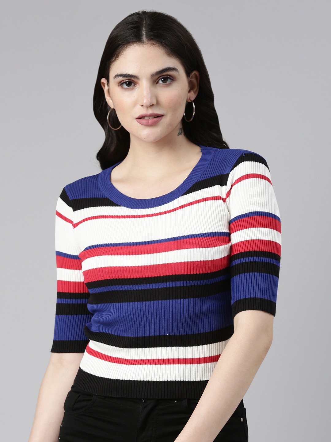 Showoff | SHOWOFF Women's Round Neck Colourblocked Blue Fitted Regular Top