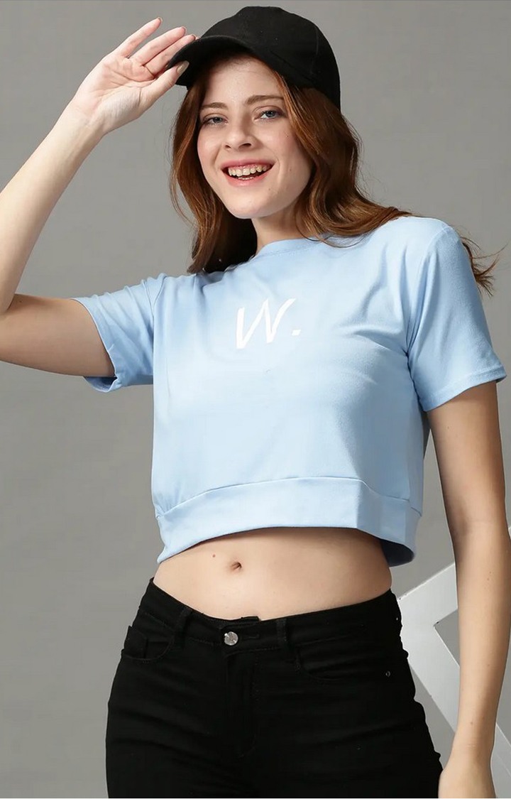 SHOWOFF Women Blue Solid Round Neck Short Sleeves Crop Top