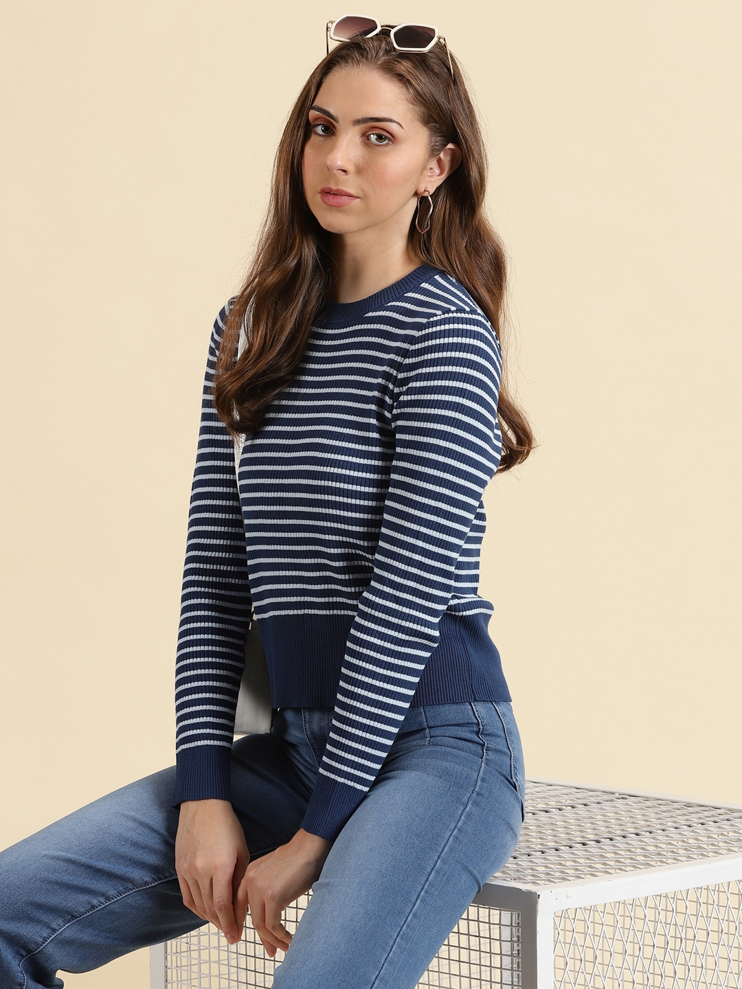 Showoff | SHOWOFF Women's High Neck Striped NavyBlue Fitted Regular Top