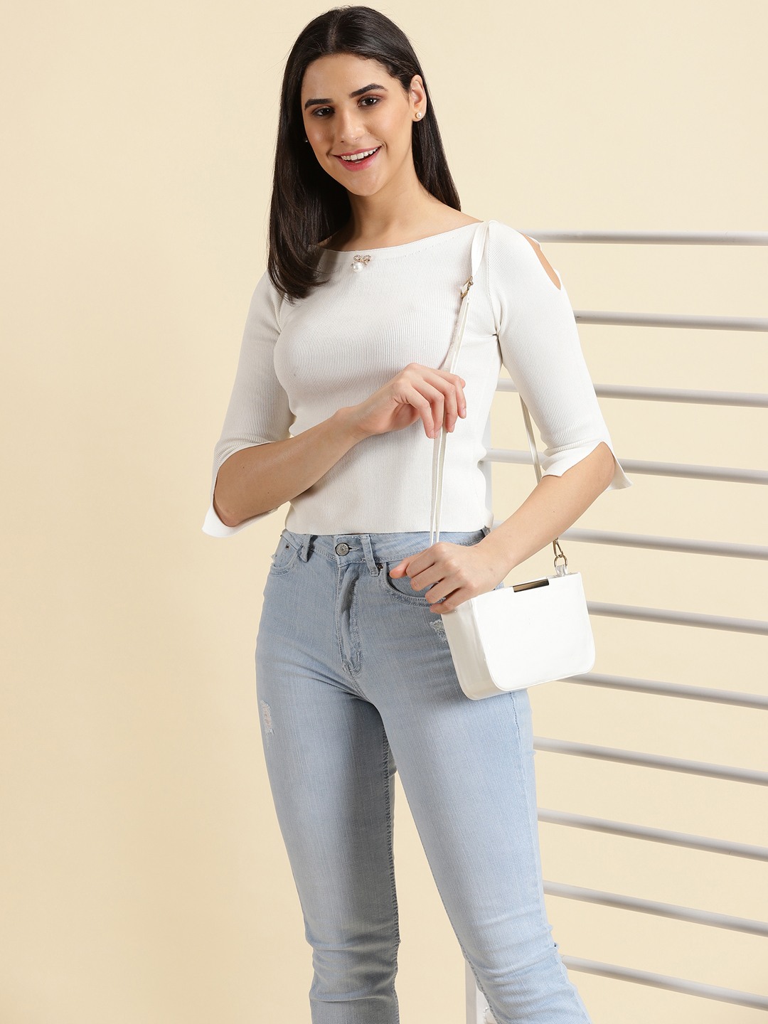 SHOWOFF Women's Boat Neck Solid White Fitted Crop Top