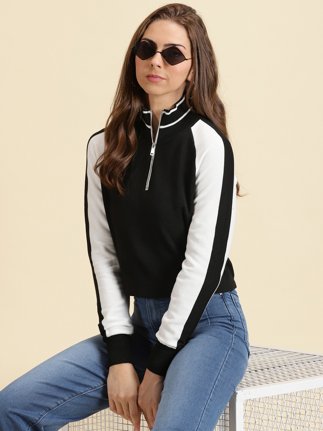 Showoff | SHOWOFF Women's High Neck Colourblocked Black Regular Top