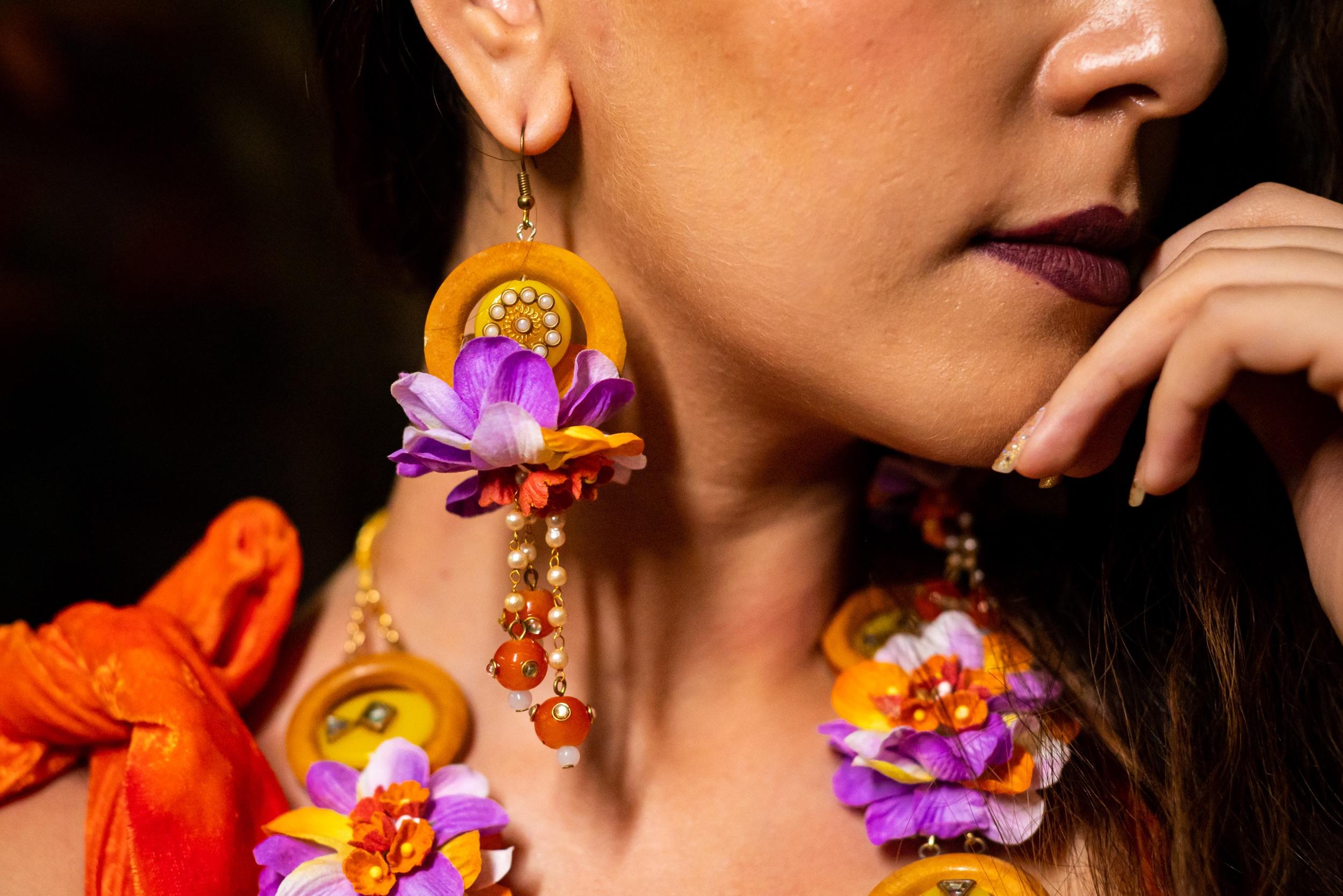 Purple & Gold Floral Long Earings with wooden Bottons for Women