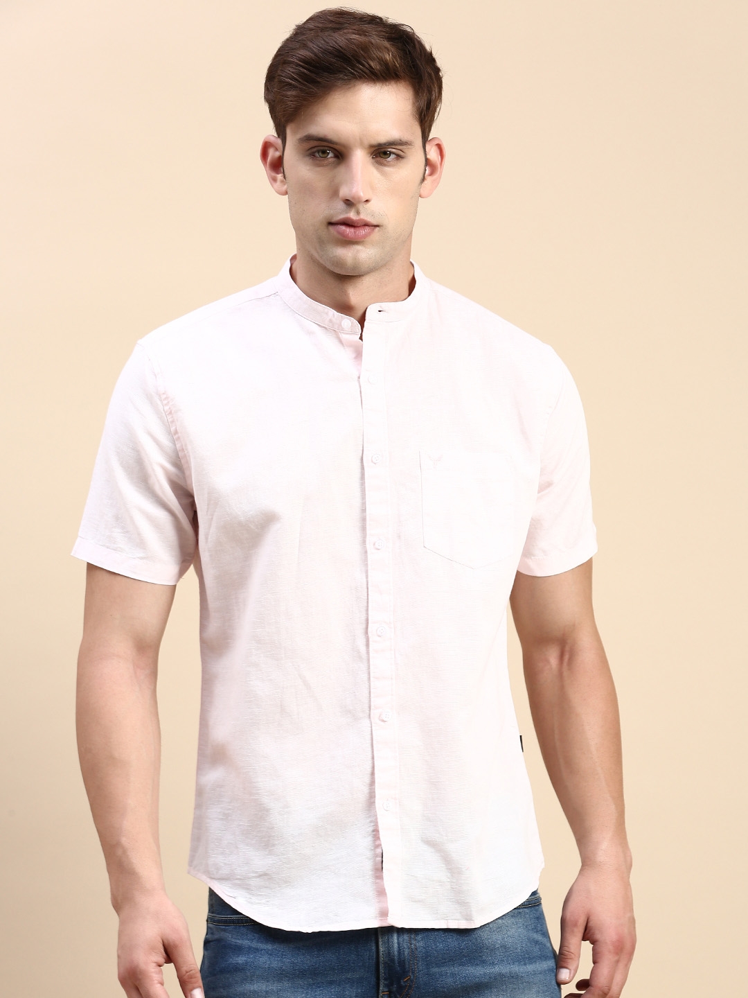 SHOWOFF Men's Mandarin Collar Pink Slim Fit Solid Shirt