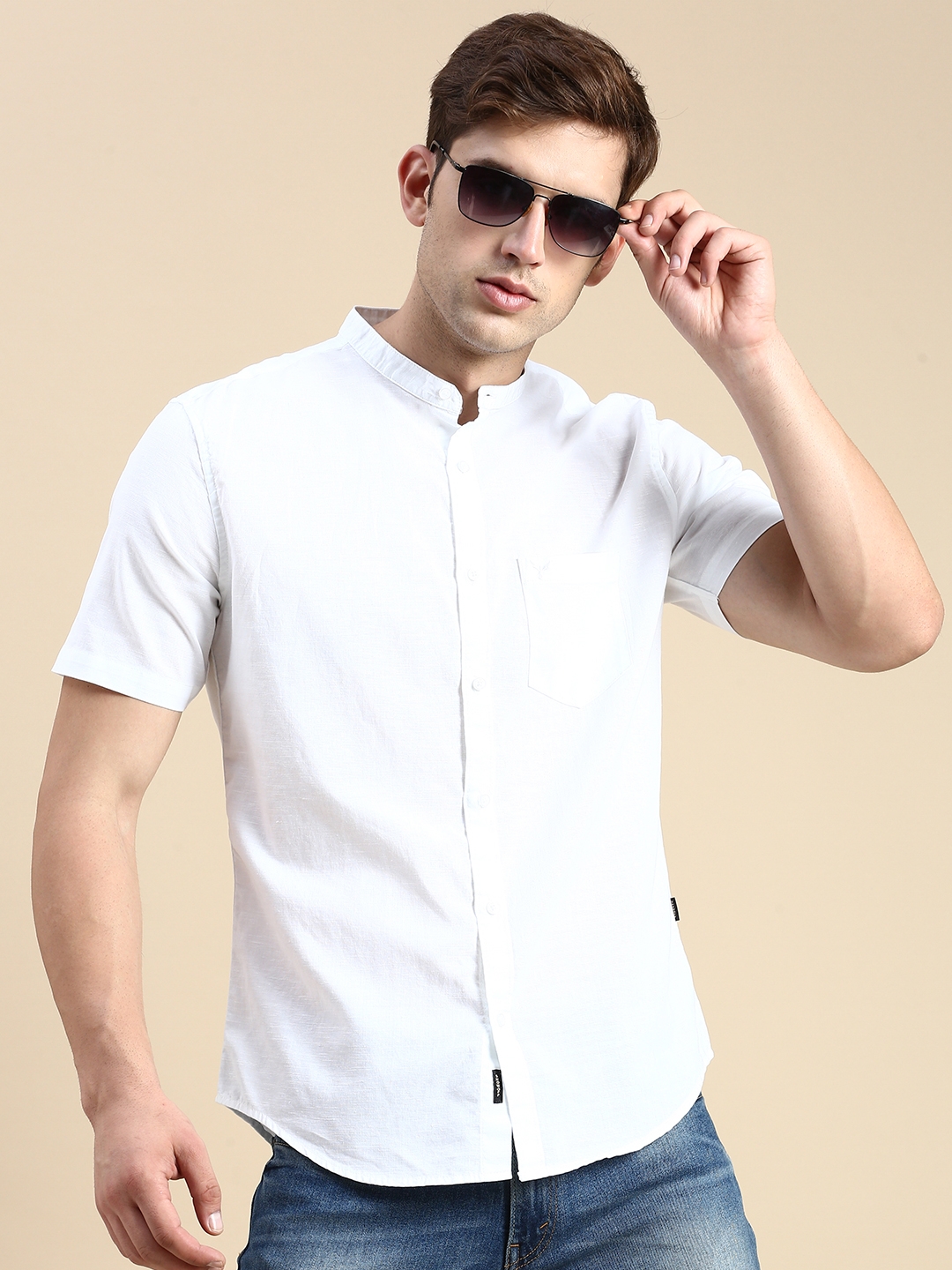 SHOWOFF Men's Mandarin Collar White Slim Fit Solid Shirt