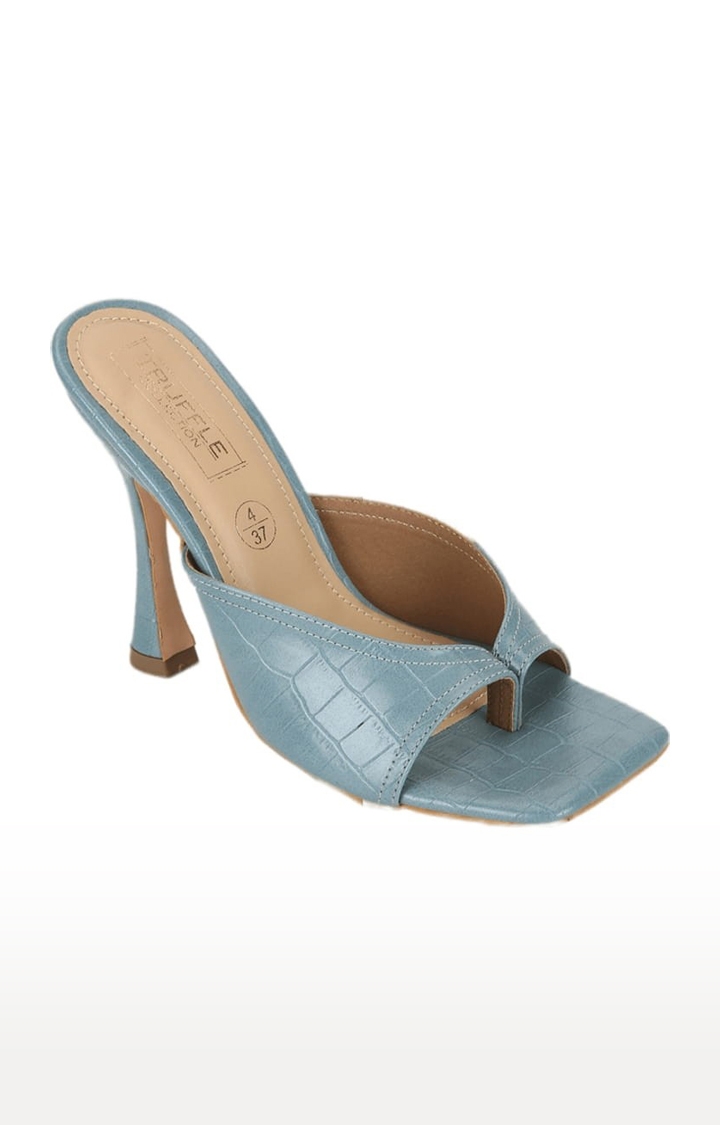 Truffle Collection | Women's Blue PU Textured Slip On Kitten Heels