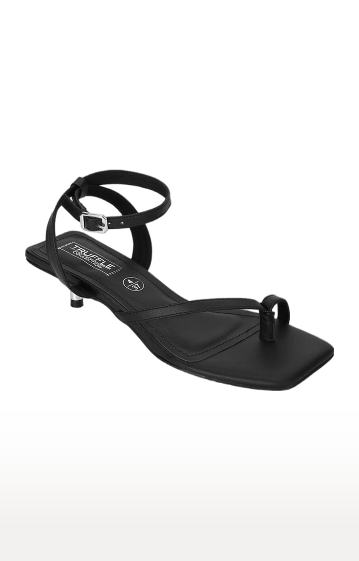 Women's Black PU Solid Buckle Kitten Heels