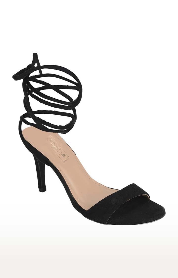 Women's Black Suede Solid Lace-Up Stilettos