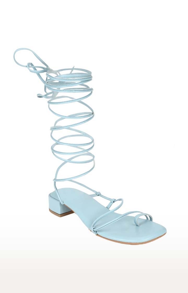 Women's Blue PU Solid Drawstring Sandals