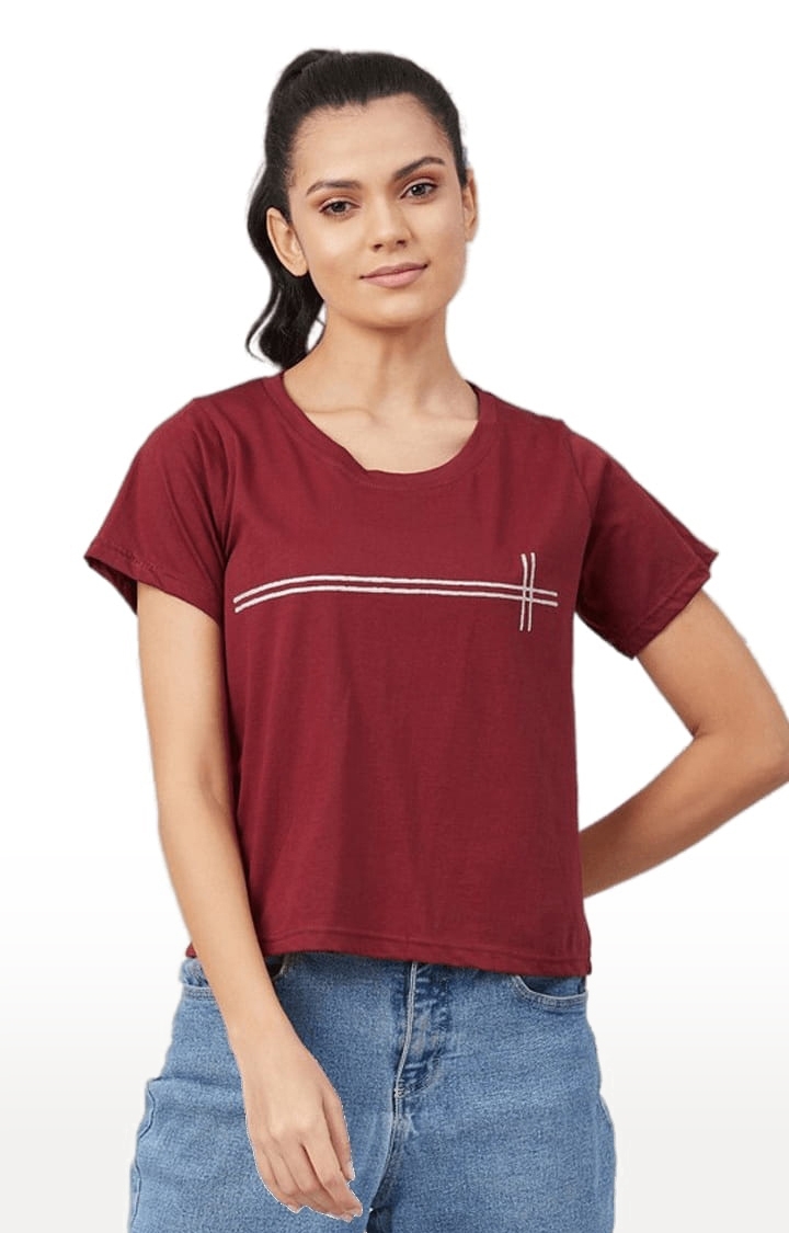 Women's Maroon Cotton Solid T-Shirt
