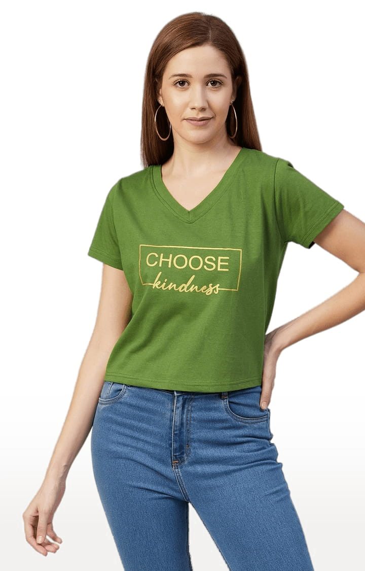 Women's Green Cotton Typographic T-Shirts