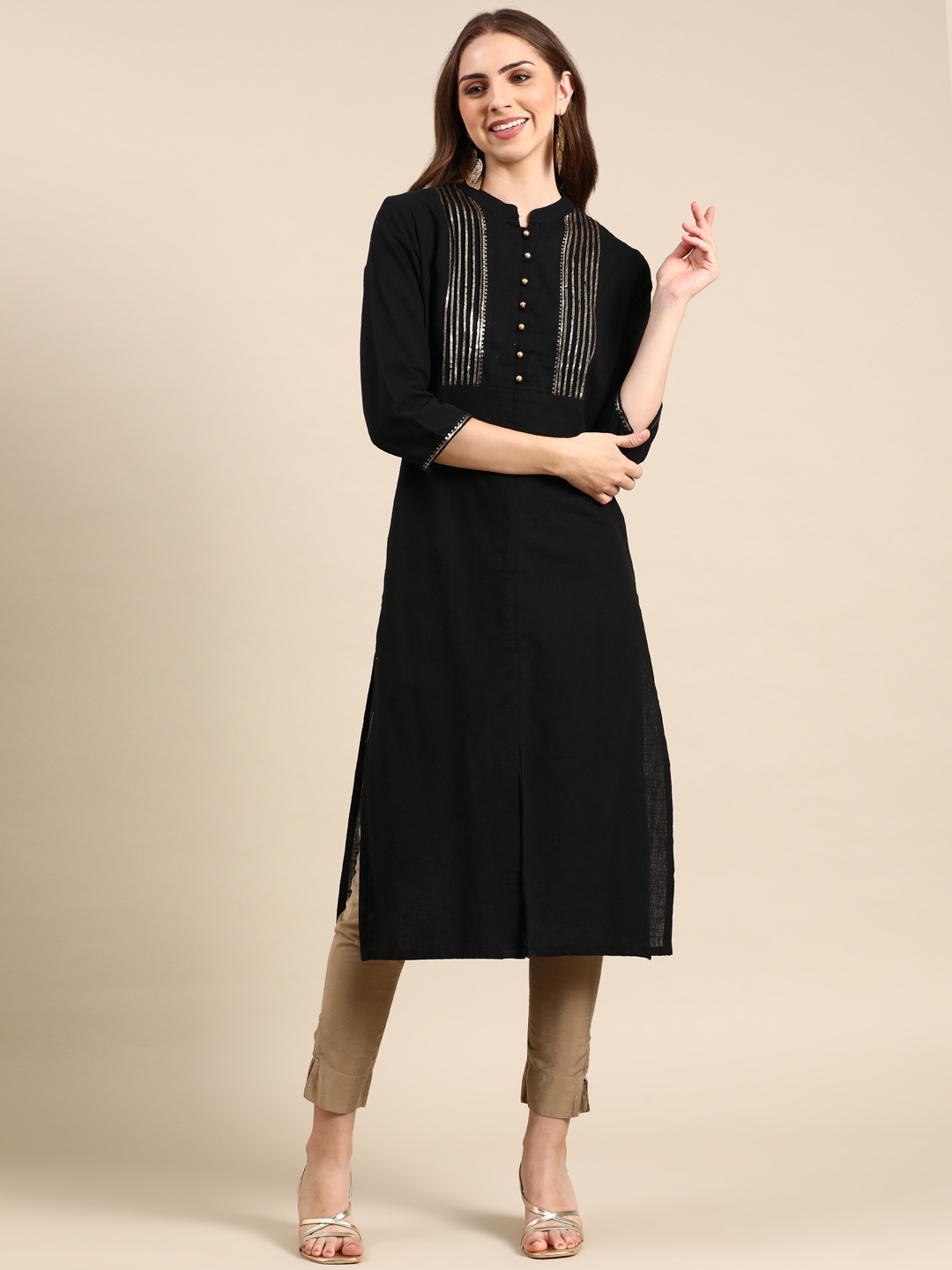 SHOWOFF Women's Mid Length Embellished Straight Black Kurta