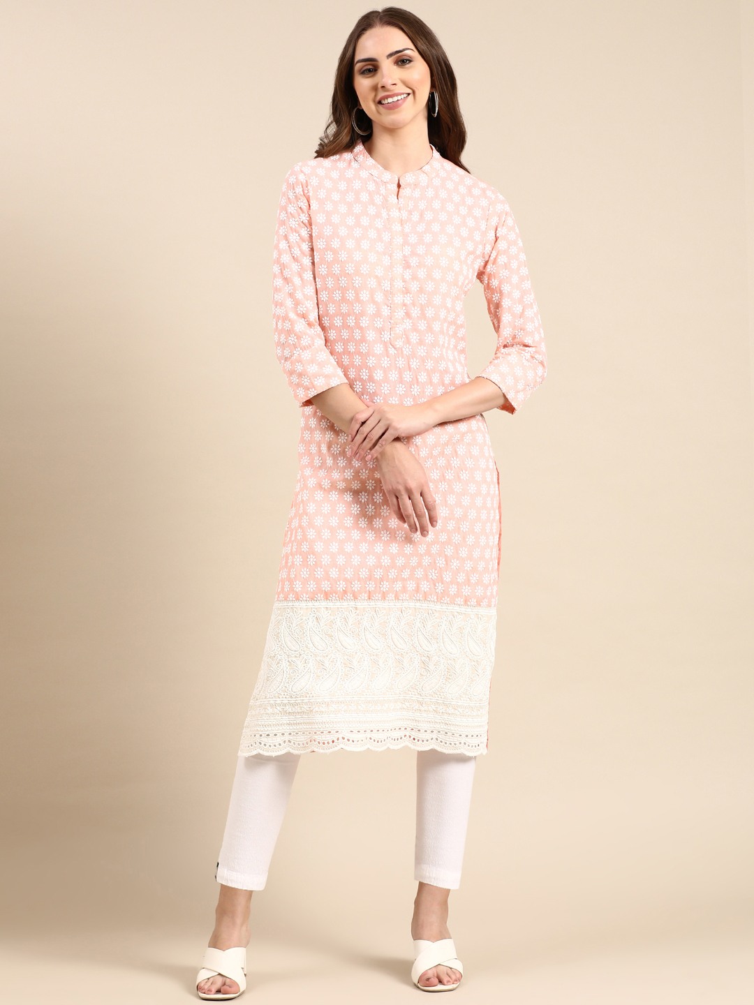 Showoff | SHOWOFF Women's Knee Length Ethnic motif Straight Peach Kurta
