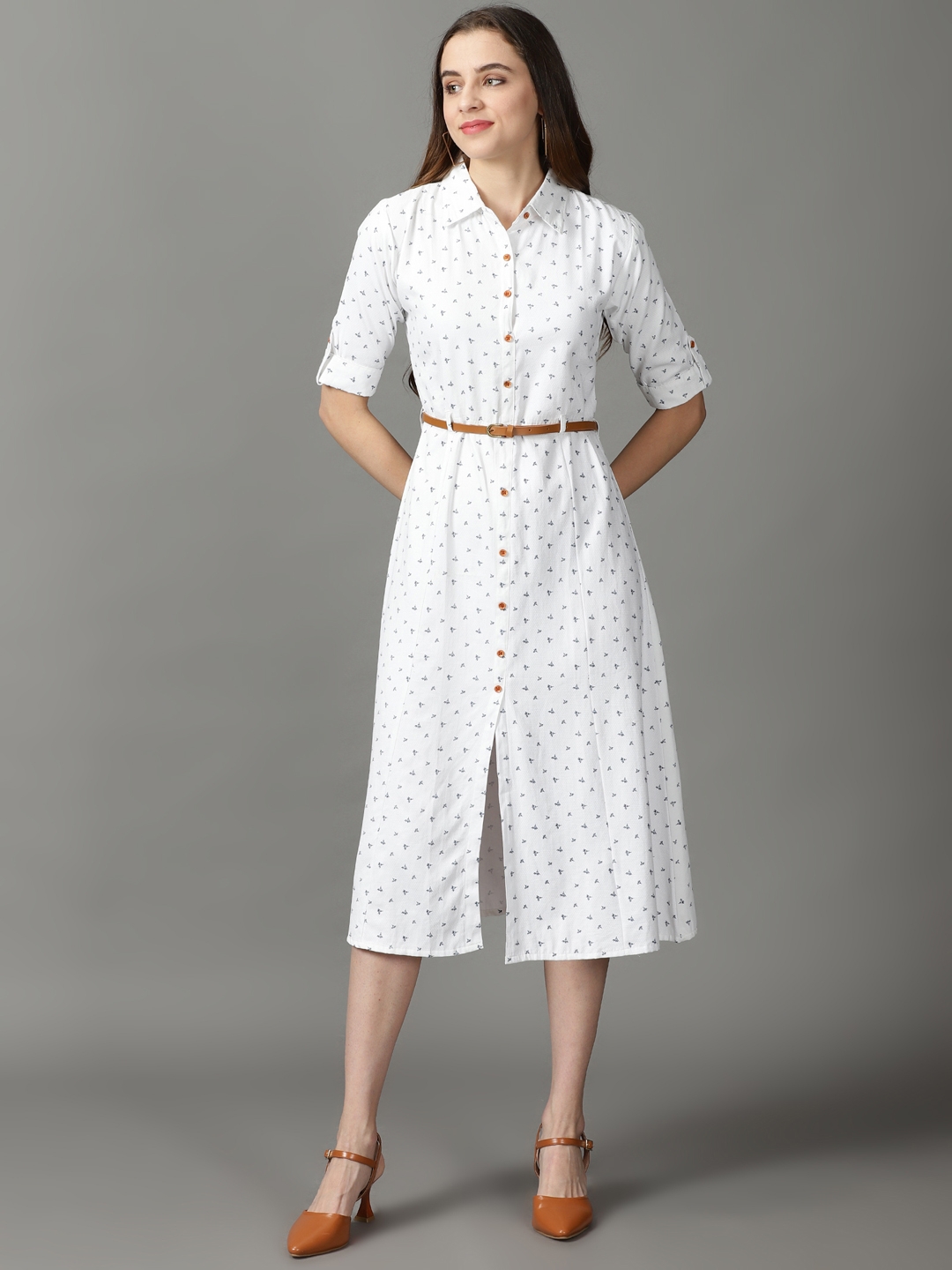 SHOWOFF Women White Printed Shirt Collar Three-Quarter Sleeves Midi A-Line Dress