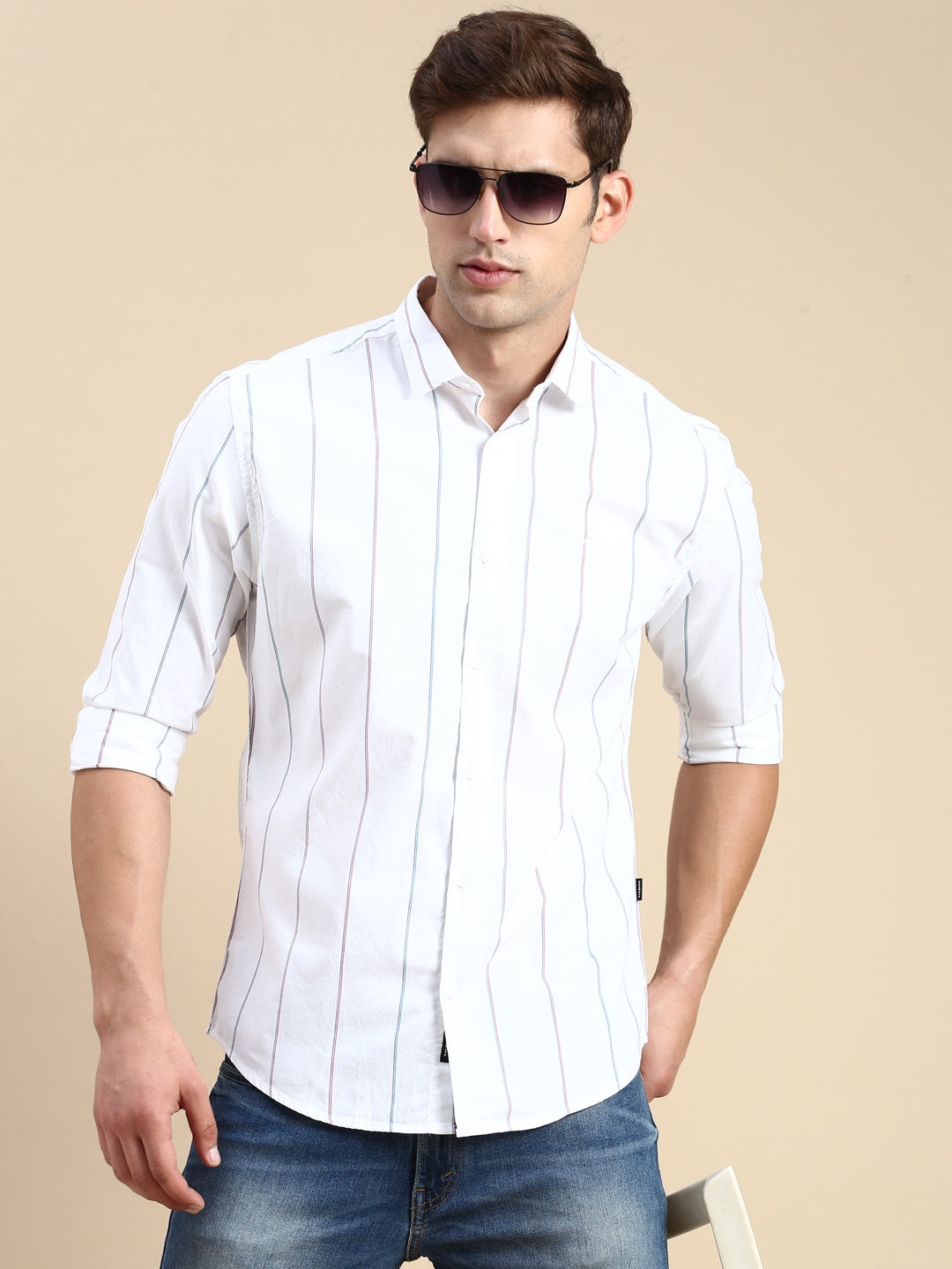 SHOWOFF Men's Spread Collar White Slim Fit Striped Shirt