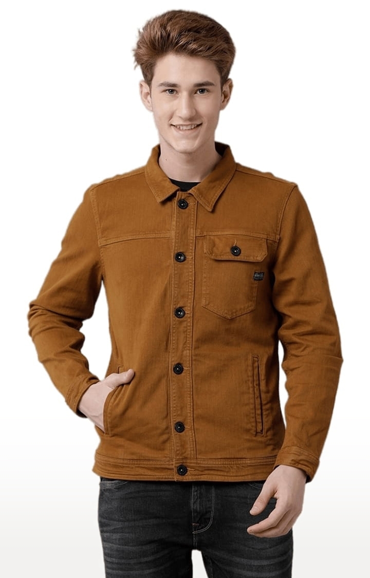 Men's Mustard Cotton Blend Solid Denim Jacket