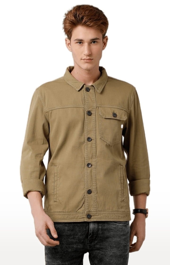 Men's Khaki Cotton Blend Solid Denim Jacket
