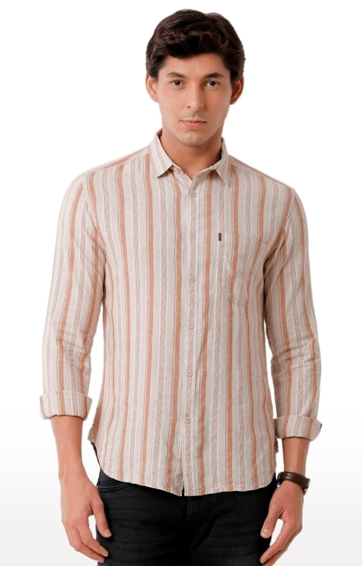 Men's Beige, Maroon Viscose Striped Casual Shirt