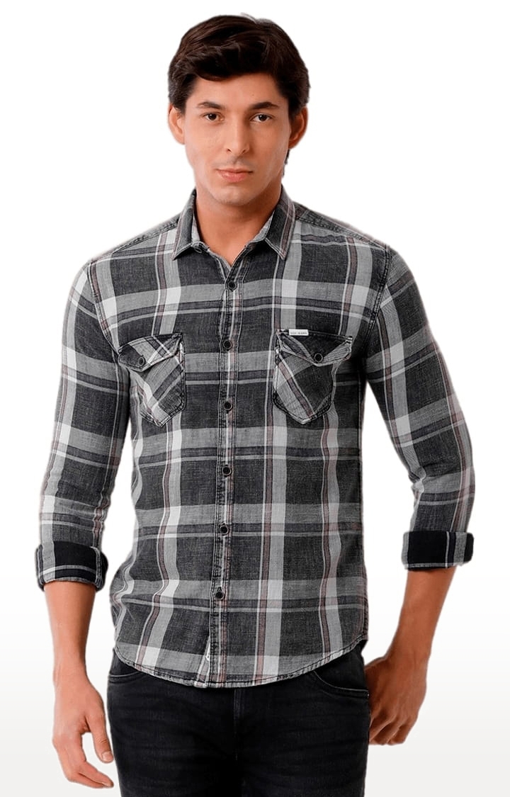 Men's Charcoal Grey Cotton Checkered Casual Shirt