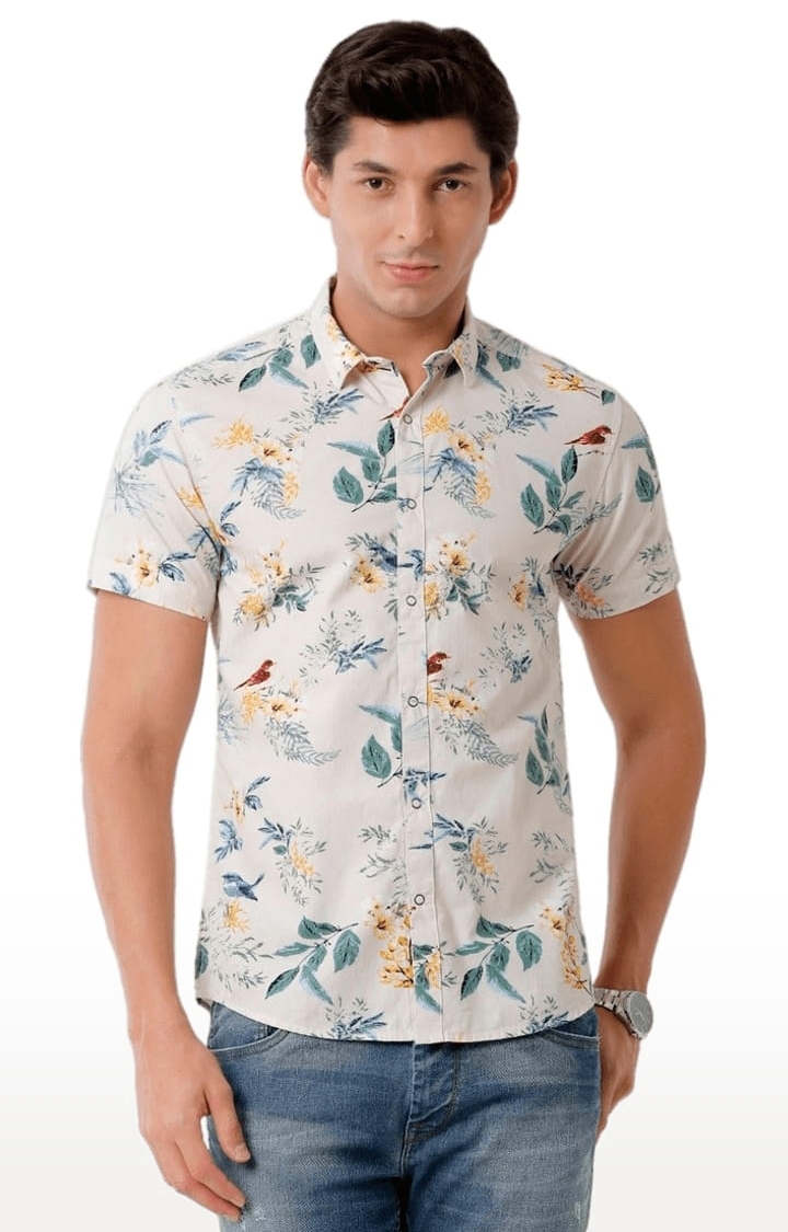 Men's White Cotton Floral Printed Casual Shirt